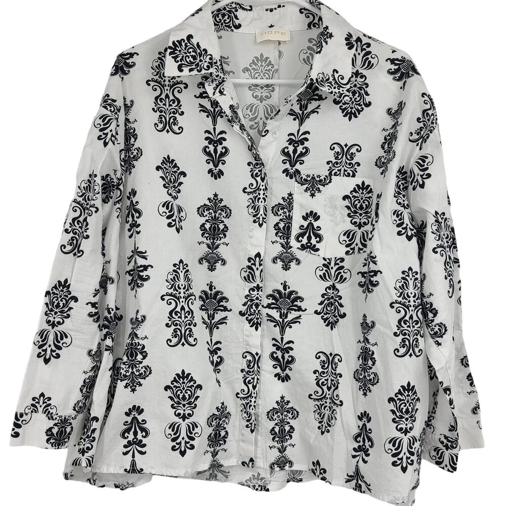 HOPE Designer B&W Damask Pattern Oversize Button Shirt Blouse Women's M 2685